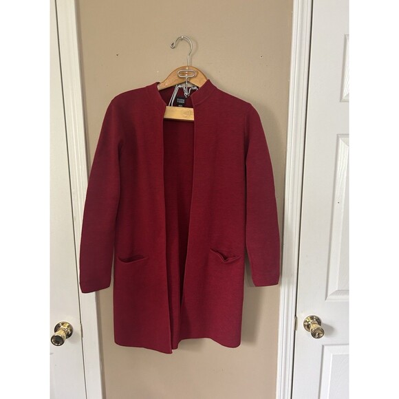 EILEEN FISHER Structured 100% Italian Wool Knit Coatigan Duster, Cranberry Red M - Picture 1 of 11